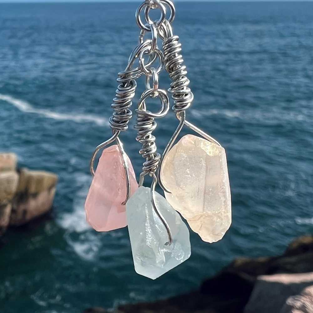 Orange, Green, & Yellow 3 Stone Quartz Crystal Necklace